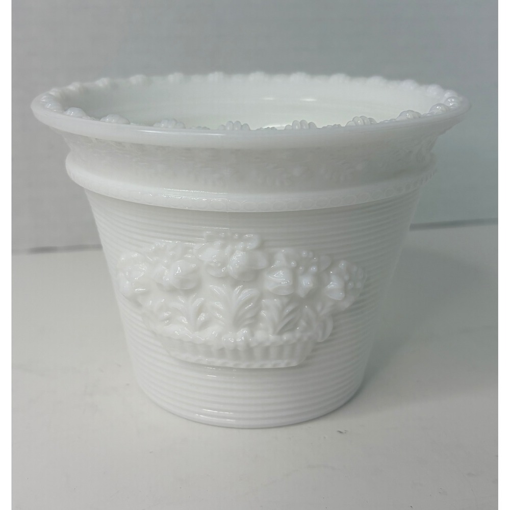 Westmoreland Milk Glass Planter Flower Basket Ribbed Beaded Rim White Vintage